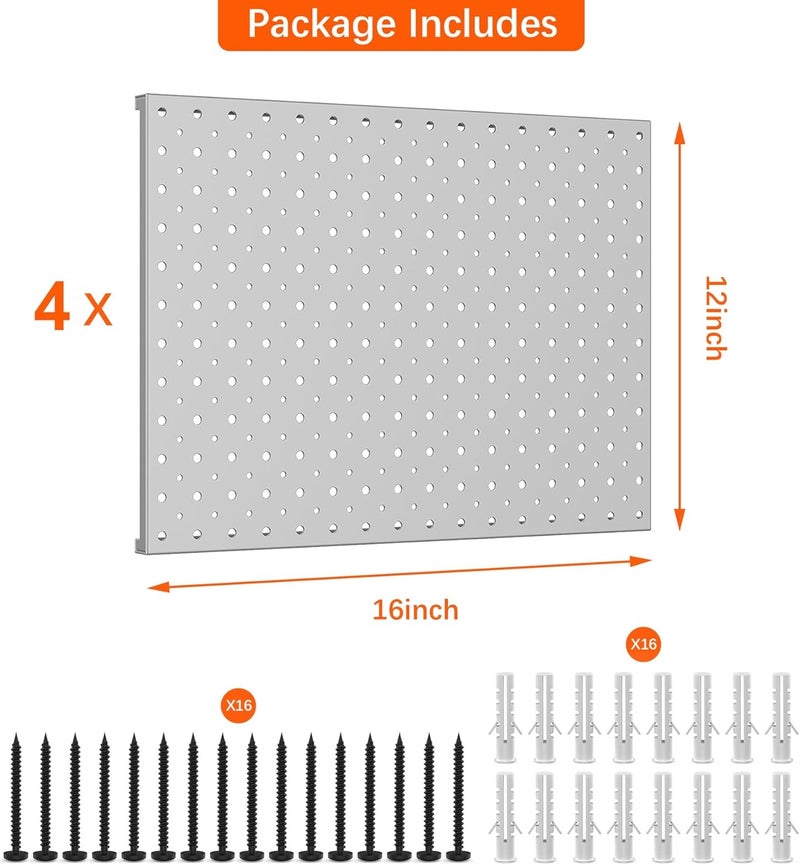 TORACK 4Pcs 12"x16" Metal Pegboard Panels for Garage, Workbench, Shop, Shed Tool Organizer Peg Board with 1/8" & 1/4" Holes, Modular Wall-Mounted Pegboard for Pegboard Hooks (Grey) - Image 4